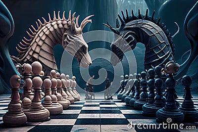 surreal chess board playing out a fierce battle between magical creatures and warriors Stock Photo