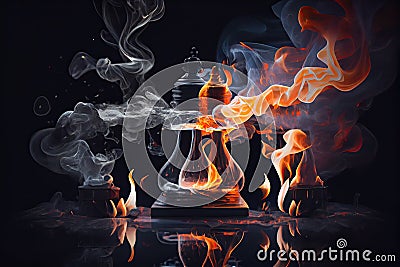 surreal chess match with floating pieces, burning flames, and billowing smoke Stock Photo