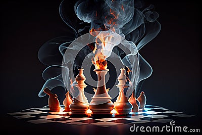 surreal chess match with floating pieces, burning flames, and billowing smoke Stock Photo