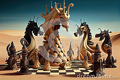 surreal chess scene, with strange creatures battling for the king Stock Photo