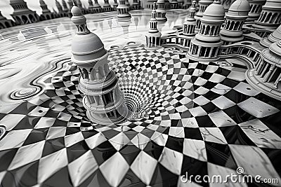 Surreal Chessboard Architecture. Generative AI Illustration Stock Photo