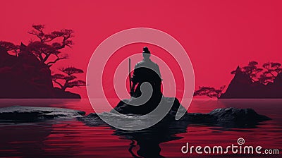 Surreal Cinematic Minimalistic Shot: Red Silhouette Samurai By The Water Stock Photo