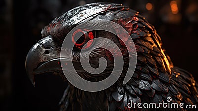 Surreal Cinematic Photo Of A Red And Black Falcon Robot With Glowing Red Eye Stock Photo