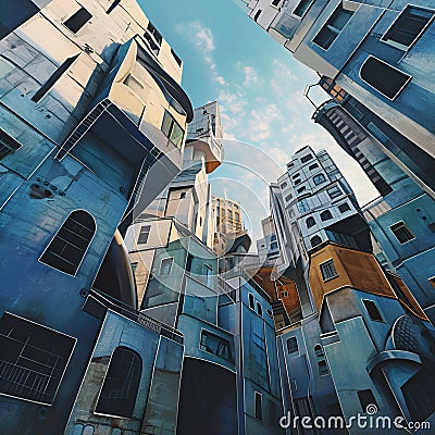 A surreal cityscape where buildings take on unexpected shapes. Stock Photo