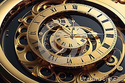 surreal clock blending golden mercury materials, melting in a distorted fluid manner, illusion of time's ethereal flow Stock Photo