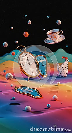 Surreal clock and teacup floating in vivid dreamscape with retro elements Stock Photo