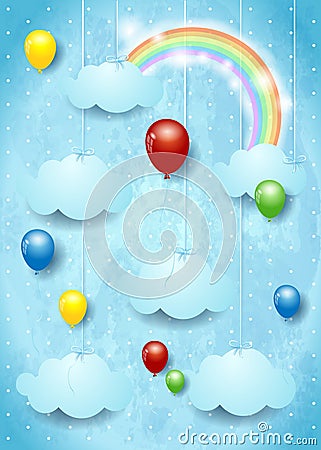 Surreal cloudscape with colorful balloons Vector Illustration