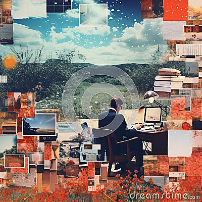 Surreal Collage Landscapes: A Man Working At His Computer Cartoon Illustration