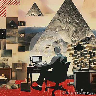 Surreal Collage Landscapes: A Mysterious Office Day In Dadaist Photomontage Cartoon Illustration