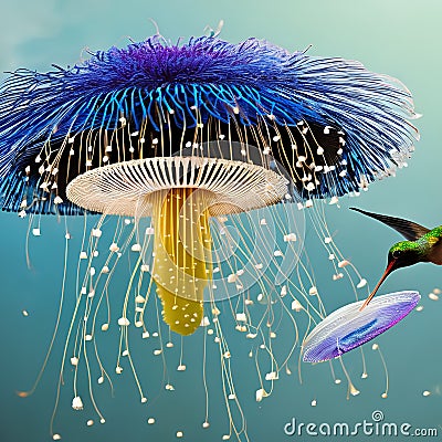 A surreal combination of a hummingbird and a jellyfish, with delicate feathers and trailing ethereal tentacles4, Generative AI Stock Photo