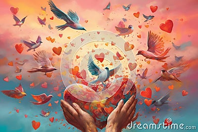 A surreal composition featuring a pair of hands releasing a flock of vibrant, heart-shaped birds into the sky, symbolizing the Stock Photo