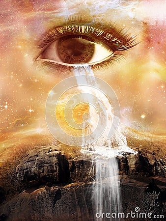 Surreal Cosmic Eye, Waterfall, Tears, Cry, Water Stock Photo