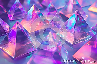 A surreal 3D abstract background featuring an endless array of floating, iridescent pyramids Stock Photo