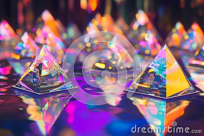 A surreal 3D abstract background featuring an endless array of floating, iridescent pyramids Stock Photo