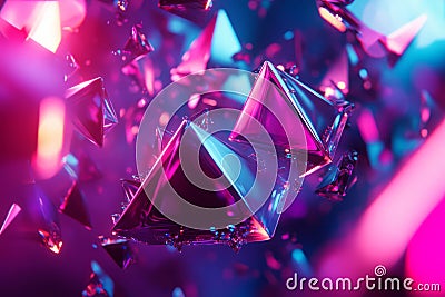 A surreal 3D abstract background featuring an endless array of floating, luminous pyramids Stock Photo