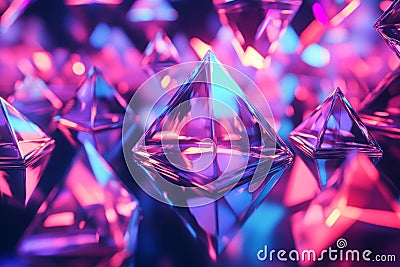 A surreal 3D abstract background featuring an endless array of floating, luminous pyramids Stock Photo