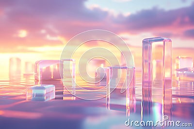 A surreal 3D abstract background showcasing a mesmerizing vortex of floating geometric prisms, Stock Photo