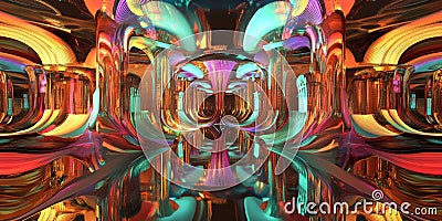 A surreal 3D background displaying an infinite mirror maze reflecting cascading neon lights. The Stock Photo