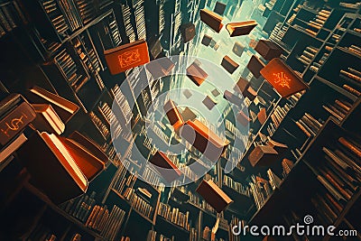 A surreal 3D background of an endless library, where books float freely in zero gravity. Some tomes Stock Photo