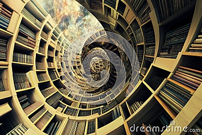 A surreal 3D background of an infinite library where books hover in midair, constantly rearranging Stock Photo