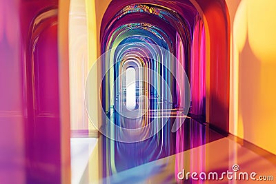 A surreal 3D background of an infinite mirror corridor, where each reflection creates a new world. Stock Photo