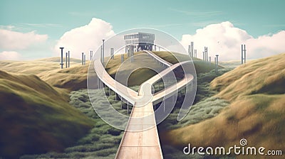 a surreal 2D illustration of a lost road in nature, with a mysterious building in the background. It symbolizes the uncertain and Cartoon Illustration