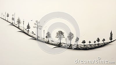 Surreal 3d Landscapes: Black And White Tree Drawings On A Road Cartoon Illustration