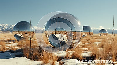 Surreal 3d Landscapes: Shiny Spheres In Mirrored Realms Stock Photo