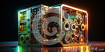 A Surreal 3D Render of an Excel File Mechanical Parts and a Reflective Surface Symbolize Data Complexity and Stock Photo