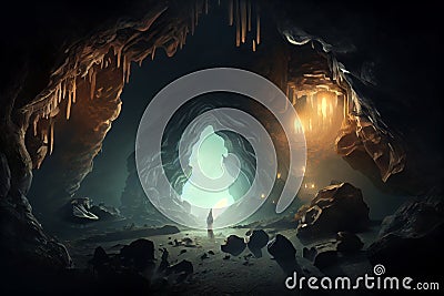 Surreal dark cave with human figure inside. Generative AI Stock Photo