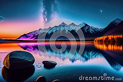 Surreal depiction of a dark lake with a snowy mountain range and round stones on the shore, made with generative AI Stock Photo