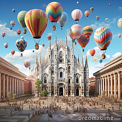 Surreal Depiction of Milan - Vibrant, Animated Landmarks, Whimsical Balloons, and Living Neighborhoods Stock Photo