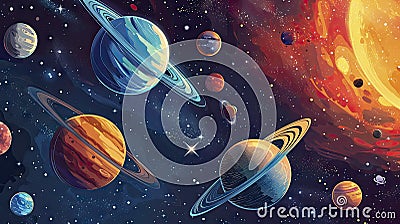 Surreal depiction of planets with visible orbits set against a vibrant nebula. Stock Photo