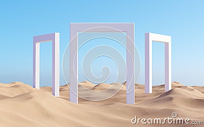 Surreal desert landscape with white flying pyramid and white clouds Stock Photo