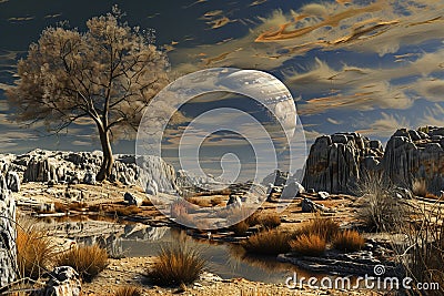 Surreal Desert Sphere with lonely tree, water and moon on sky. Futuristic abstract background. Minimalist Landscape. Stock Photo