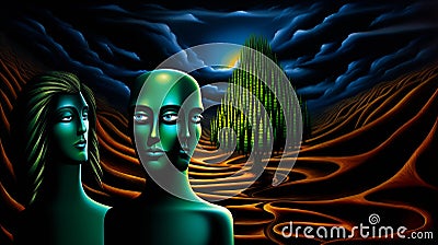 Surreal digital artwork featuring two metallic humanoid figures against a dynamic landscape. Stock Photo