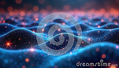 Surreal digital landscape. Abstract tech waves. Glowing particles. Dynamic movement. Modern network. Futuristic cyber space. Stock Photo