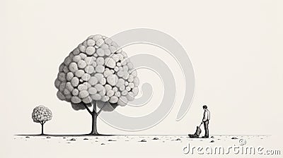 Surreal Dotwork Illustration: Man, Trees, And Lawnmower Cartoon Illustration