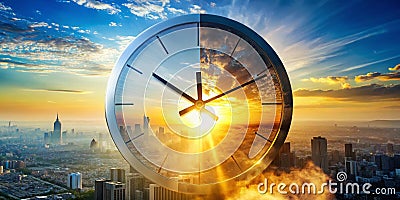 A Surreal Double Exposure Clock Contrasting Sunny and Smoggy Days a Unique Timepiece Visualizing Contrasting Stock Photo