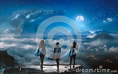 Surfer girls standing above clouds watching fantasy dream Stock Photo