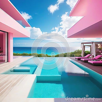 Surreal Dream Vacation Pool View Art Cartoon Illustration