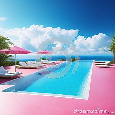 Surreal Dream Vacation Pool View Art Cartoon Illustration