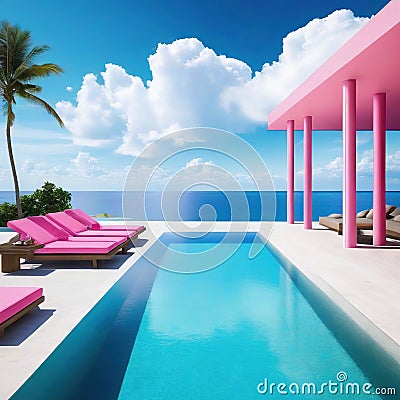 Surreal Dream Vacation Pool View Art Cartoon Illustration