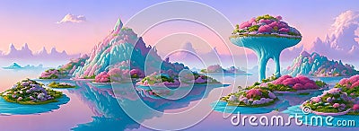 Surreal and dreamlike landscape of floating islands suspended in a pastel-colored sky Stock Photo