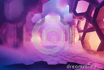 A surreal dreamscape where floating hexagonal tiles create an ever-changing maze. The shifting Stock Photo
