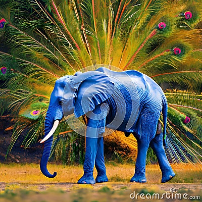 A surreal elephant with a peacock tail, radiating elegance and majesty in a whimsical landscape3, Generative AI Stock Photo