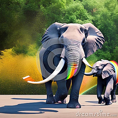 A surreal elephant with a tail of rainbow ribbons, radiating joy and happiness in a vibrant landscape4, Generative AI Stock Photo