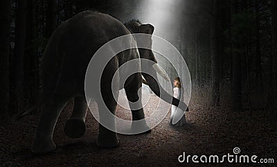 Surreal Elephant, Girl, Friends, Love, Nature Stock Photo