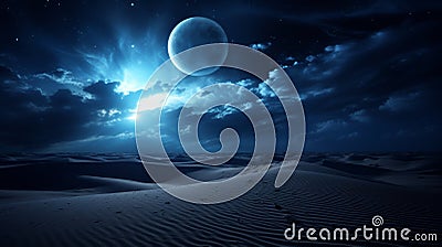 Surreal and enchanting moonlit desert dune landscape under the captivating night sky Stock Photo