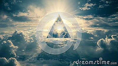 Surreal, ethereal image of a luminous triangle hovering above a breathtaking cloudscape. Perfect for concepts of enlightenment, Stock Photo